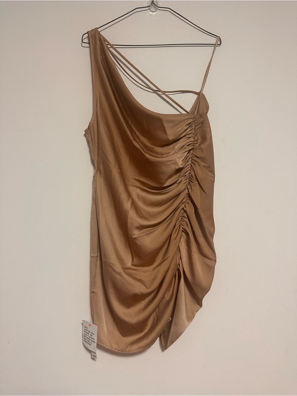 ASOS DESIGN satin ruched side mini dress with asymmetric straps in bronze-Brown